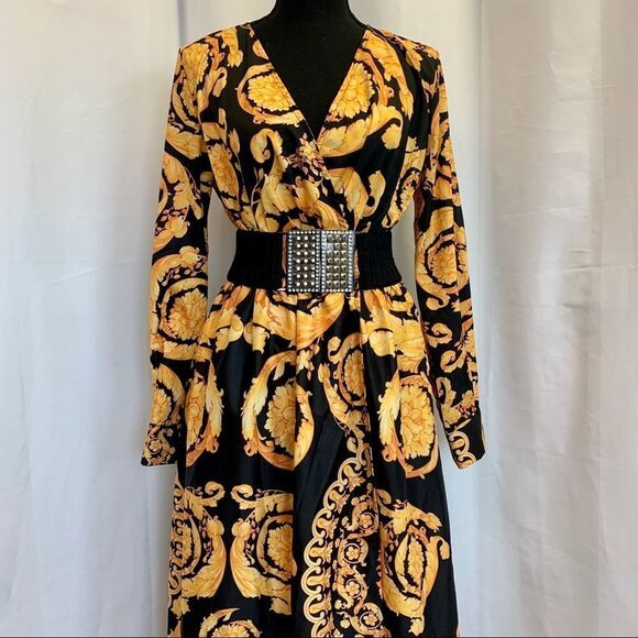 YELLOW black chain print Versace inspired maxi dress Sz M - Picture 6 of 15